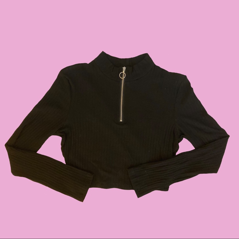 Black ribbed cropped mock neck with zipper xl